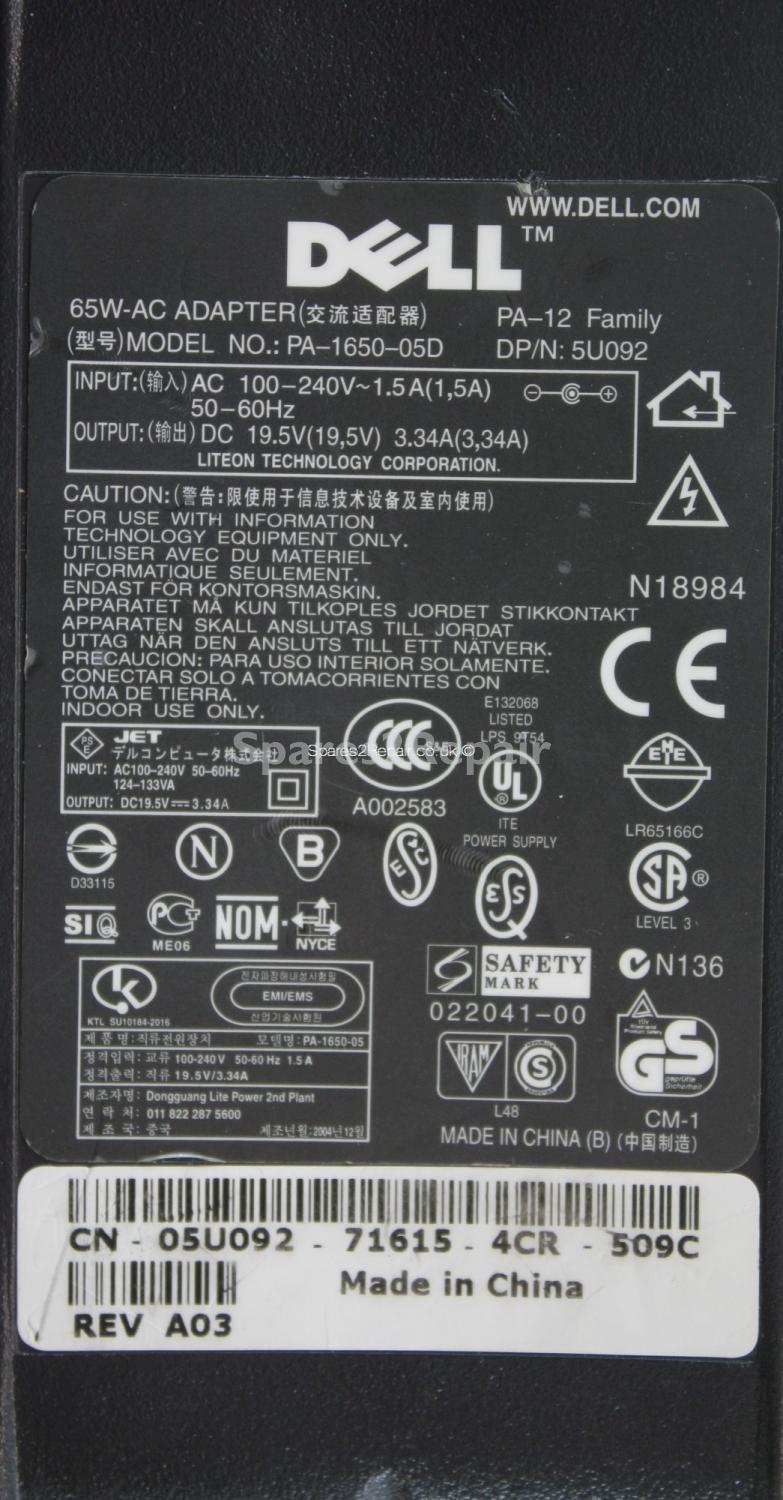 Dell - Charger - 5U092 - Rev A03 - PA-1650-05D - 19.5V 3.34A (Original)